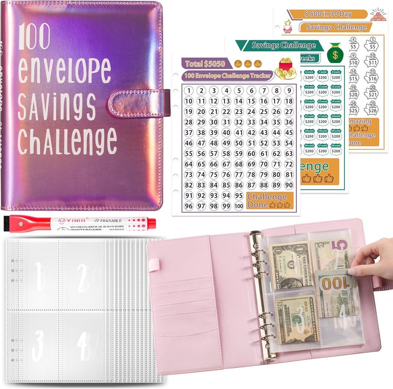 gusutide 100 Envelope Savings Challenge Binder, Money Saving Binder with Cash Envelopes, from 30 Days to 52 Weeks, to Save $500,$5,050 and $10,000, back to school supplies,gift for children (sparkling pink) - Image 1